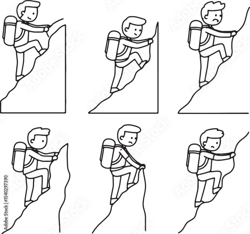 Climber Ascending Steep Mountain Line Art Illustrations of Hiking, Climbing, and Mountaineering