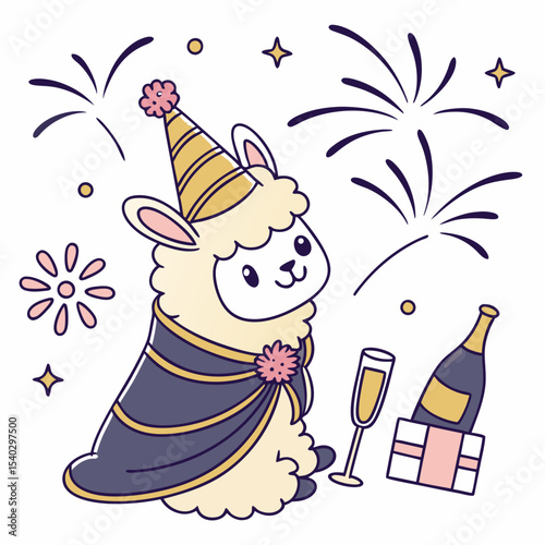 A Cheerful Alpaca with wrapped in a blanket in a New Year celebration theme – Midnight Sparkle palette SVG illustration