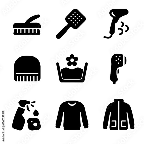 Fabric Care Icons. Solid, filled icons set of fabric maintenance: fabric brush, lint brush, garment steamer,