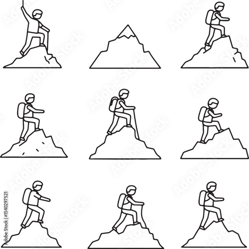 Conquering the Summit A Collection of Line Art Illustrations Depicting Hikers Ascending Mountains