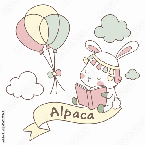 Loving Alpaca with reading a book, set in a charming Soft pastel theme – Soft Pastel color vector art
