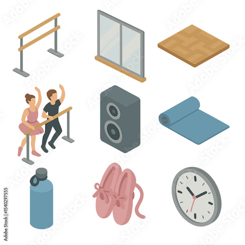 Dance Studio Icons. Isometric Flat icon set of dance studio: ballet barre, mirror wall, dance floor, dancers, music speaker, yoga