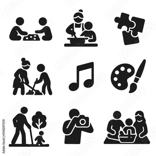 Family Activity Icons. Solid, filled icons set of multigenerational activities: board game, cooking together,