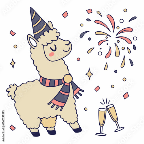 A Cheerful Alpaca with wrapped in a blanket in a New Year celebration theme – Midnight Sparkle palette SVG illustration