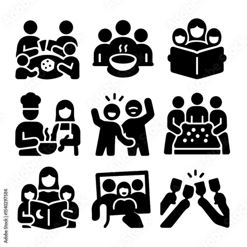 Family Bonding Icons. Solid, filled icons set of quality family bonding: family games, warm meal, reading time