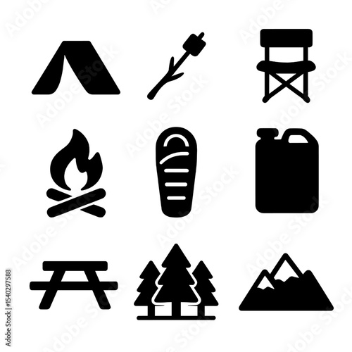 Family Camping Icons. Solid, filled icons set of family camping trip: tent, marshmallow stick, camping chair,
