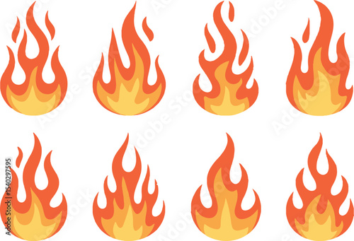 Dynamic Cartoon Fire Flames Vector Set on White Background