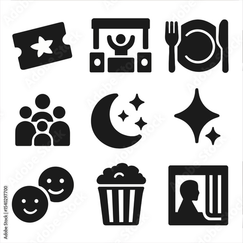 Family Night Out Icons. Solid, filled icons set of family night out: movie ticket, concert stage, dinner plate