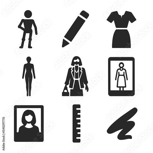 Fashion Design Icons. Solid, filled icons set of custom fashion illustration: pose sketch, pencil tool,