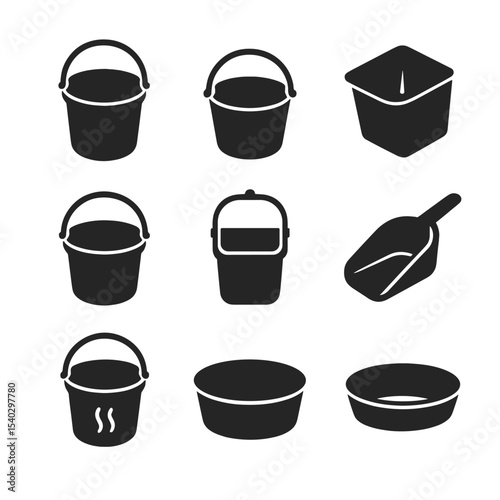 Feed Bucket Icons. Solid, filled icons set of feed bucket types: plastic bucket, metal bucket, corner feeder,