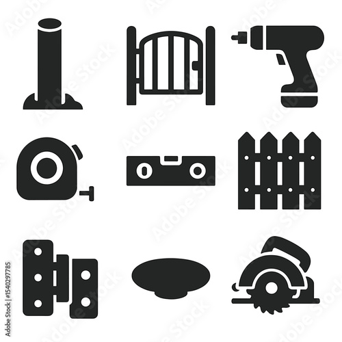 Fencing Tools Icons. Solid, filled icons set of fencers installing fences and gates: wooden post, metal gate,