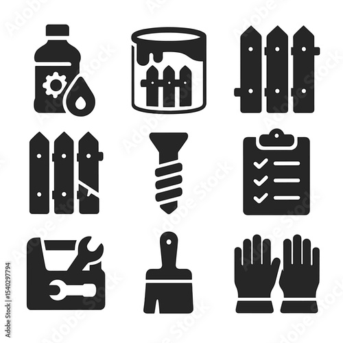 Fence Repair Icons. Solid, filled icons set of fence maintenance and repair: rust remover, fence paint, loose