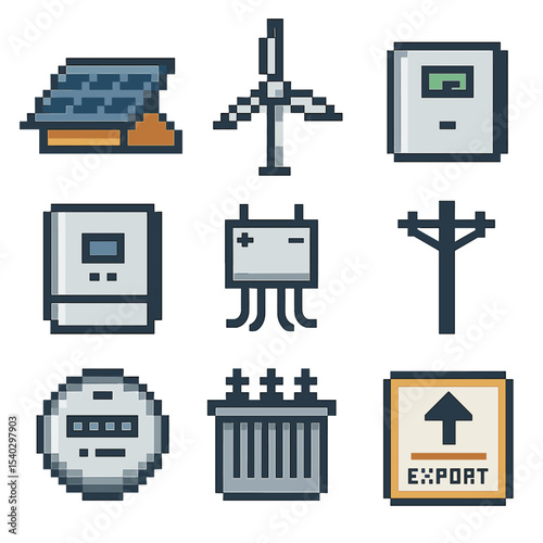 Distributed Energy Icon Set. Pixel art icon set of distributed generation integration: rooftop solar panel, wind turbine, home