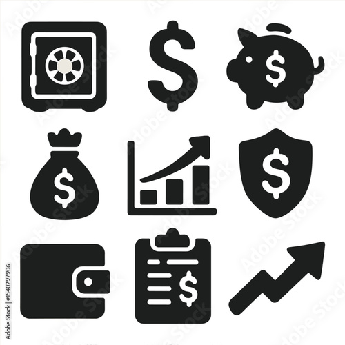 Financial Icons Grid. Solid, filled icons set of financial well-being: secure vault, dollar sign, piggy bank,