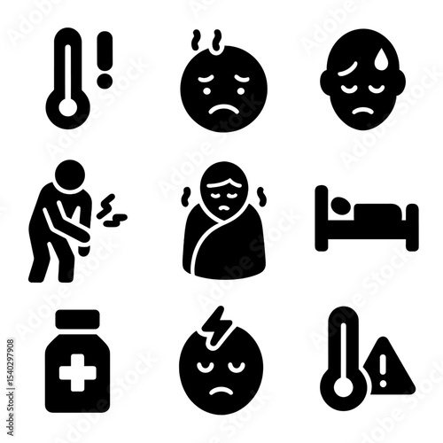 Fever Symptoms Icons. Solid, filled icons set of fever and illness symptoms: high temp icon, red face, cold