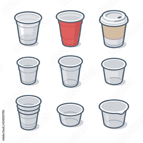 Disposable Cup Icons. Isometric Flat icon set of disposable plastic cups: clear solo cup, colored party cup, lidded to-go cup,
