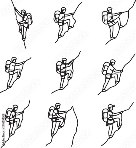 Rock Climbing Illustrations Nine Line Art Designs of Climbers Ascending a Mountain