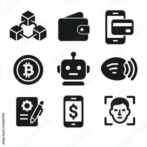 Fintech Innovation Icons. Solid, filled icons set of fintech innovation: blockchain, digital wallet, online