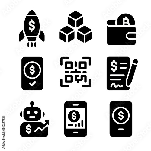 Fintech Icon Grid. Solid, filled icons set of financial technology ecosystems: fintech startup, blockchain