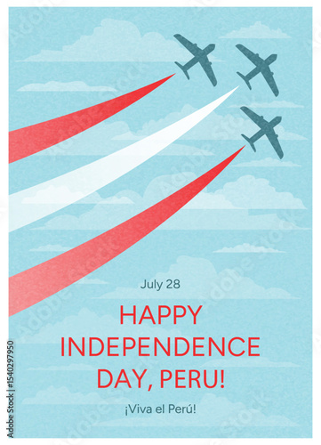 Military Airplanes flying with Red and White Trails. Peruvian National Flag Colors. Independence Day Celebration. July 28 Holiday Concept. Clouds and Sky Background. Vertical Flat Vector Illustration.