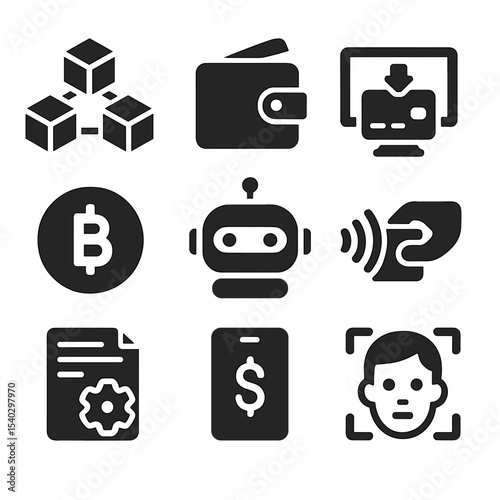 Fintech Innovation Icons. Solid, filled icons set of fintech innovation: blockchain, digital wallet, online