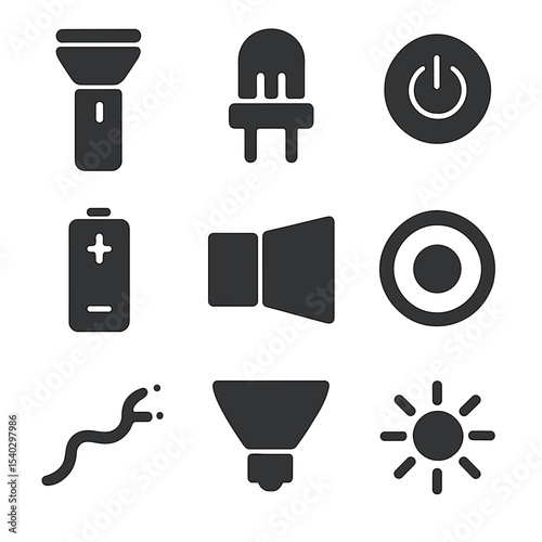 Flashlight Components Icons. Solid, filled icons set of flashlight components: flashlight body, LED bulb,
