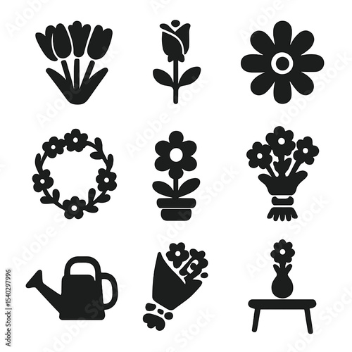 Floral Icons Set. Solid, filled icons set of flowers and floral decorations: tulip bunch, rose stem, daisy