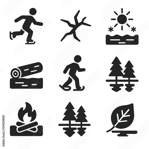 Frozen Lake Icon Set. Solid, filled icons set of frozen lake adventures and scenery: ice skater, crack in ice,