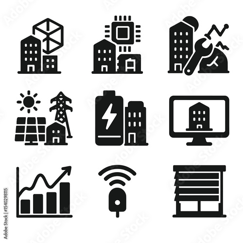 Future Building Technologies Icons. Solid, filled icons set of future-ready building technologies: digital