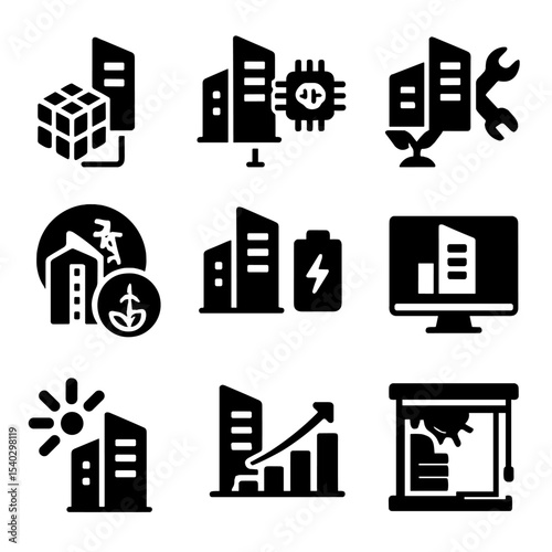 Future Building Technologies Icons. Solid, filled icons set of future-ready building technologies: digital