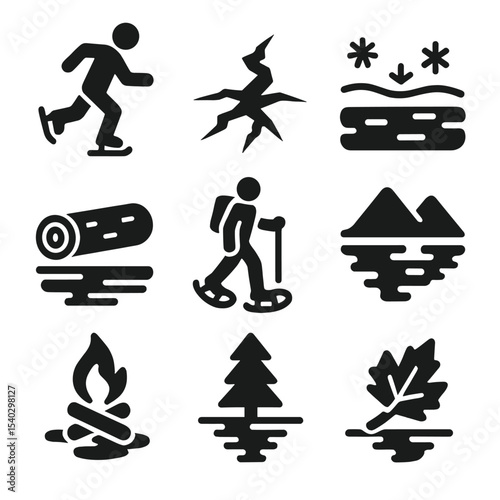 Frozen Lake Icon Set. Solid, filled icons set of frozen lake adventures and scenery: ice skater, crack in ice,