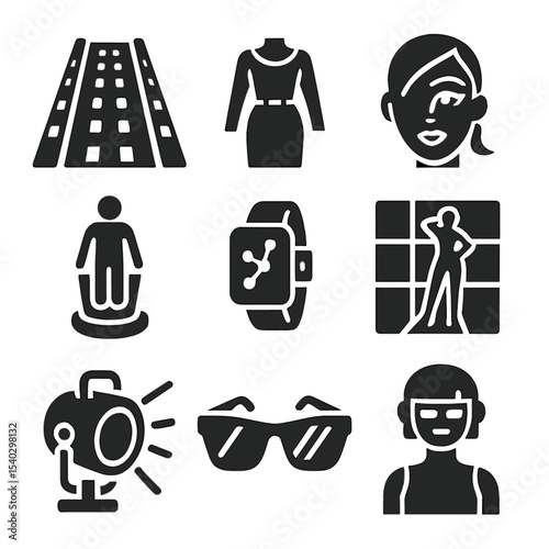 Futuristic Fashion Icons. Solid, filled icons set of futuristic runway themes: LED runway, metallic outfit,