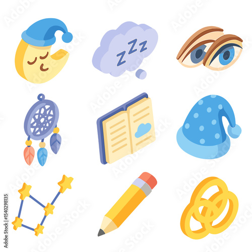 Dream Journaling Icons. Isometric Flat icon set of dream journaling motifs: sleeping moon, dream cloud, open eyes, dreamcatcher,