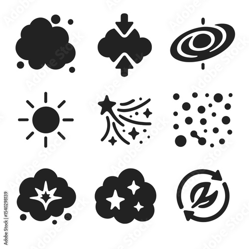 Galactic Recycling Icons. Solid, filled icons set of galactic recycling and star birth: molecular cloud,