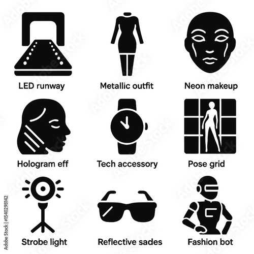 Futuristic Fashion Icons. Solid, filled icons set of futuristic runway themes: LED runway, metallic outfit,