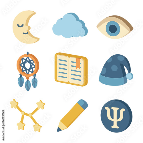 Dream Journaling Icons. Isometric Flat icon set of dream journaling motifs: sleeping moon, dream cloud, open eyes, dreamcatcher,