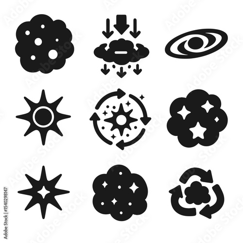 Galactic Recycling Icons. Solid, filled icons set of galactic recycling and star birth: molecular cloud,