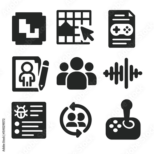 Game Design Icons. Solid, filled icons set of game design collaboration: pixel art icon, level editor, game