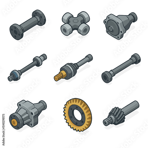 Drivetrain Icon Set. Isometric Flat icon set of Drivetrain and Power Transfer: driveshaft, universal joint, differential, axle