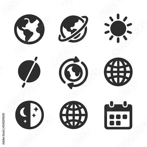 Geoscience Icons Grid. Solid, filled icons set of geoscience and Earth's movement: Earth icon, orbit path,