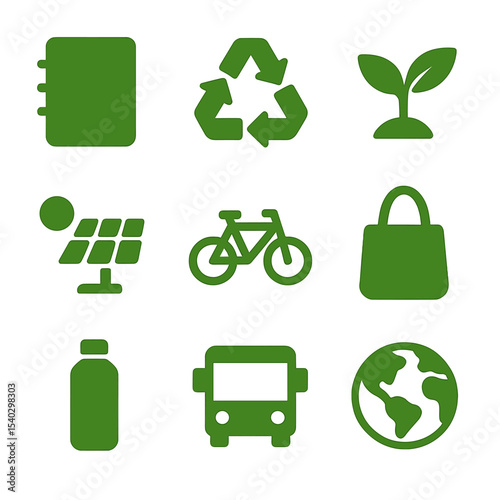 Eco-Friendly Icon Grid. Solid, Filled icon set of eco-friendly tracking: green notebook, recycled paper icon, leaf sprout, solar