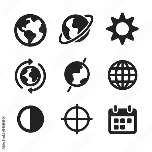 Geoscience Icons Grid. Solid, filled icons set of geoscience and Earth's movement: Earth icon, orbit path,