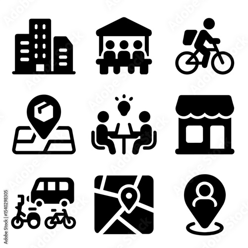 Gig Economy Icons. Solid, filled icons set of gig economy in urban development: cityscape, coworking hub, bike