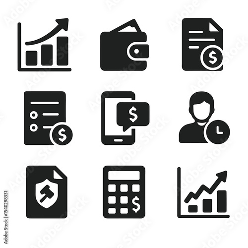 Gig Economy Icon Set. Solid, filled icons set of gig economy financial trends: income growth chart, digital