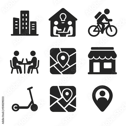 Gig Economy Icons. Solid, filled icons set of gig economy in urban development: cityscape, coworking hub, bike
