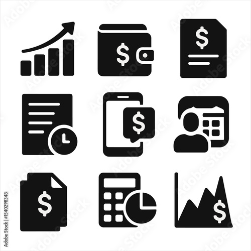 Gig Economy Icon Set. Solid, filled icons set of gig economy financial trends: income growth chart, digital