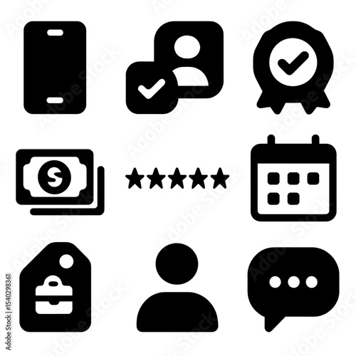 Gig Economy Icon Set. Solid, filled icons set of gig economy platforms: smartphone app, job request icon, task