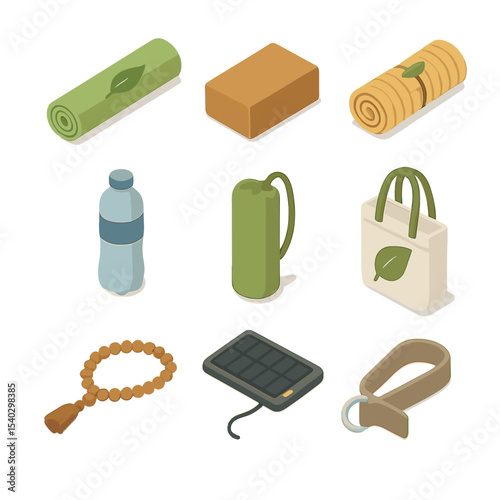Eco-Friendly Yoga Icons. Isometric Flat icon set of eco-friendly yoga gear: organic cotton mat, cork block, bamboo towel, recycled