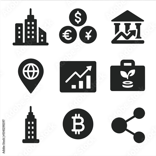 Global Finance Icons. Solid, filled icons set of global financial hubs: skyscraper skyline, currency symbols,