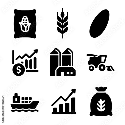Grain Trading Icons. Solid, filled icons set of grain and cereal crop trading: corn sack, wheat stalk, rice
